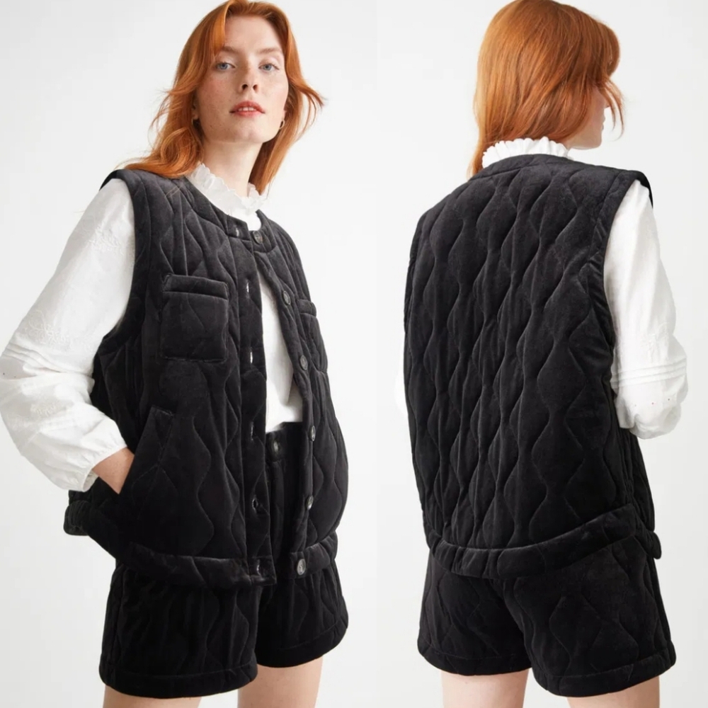 & Other Stories Black Quilted Velvet Vest